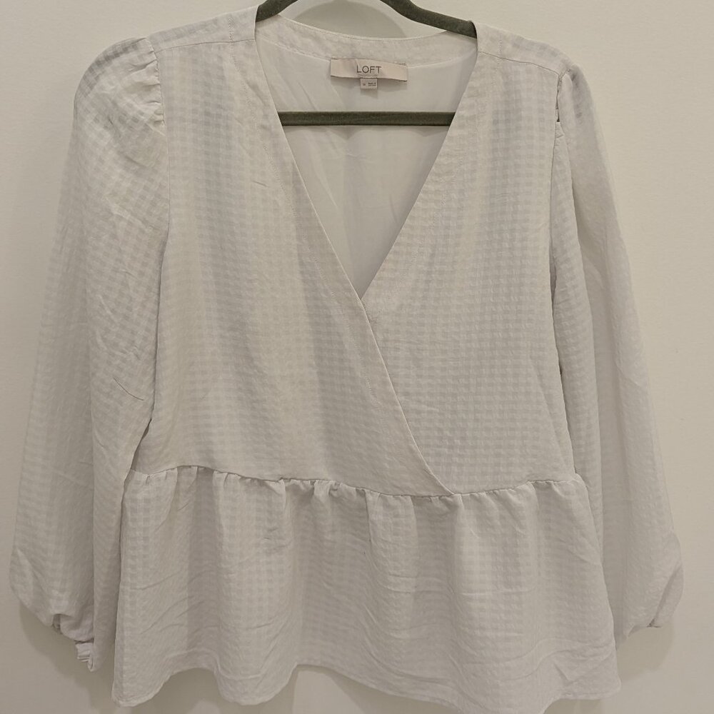 LOFT White Checked Peplum Blouse